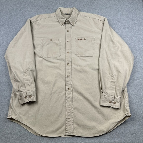 Carhartt Shirt Mens XL Tan Button Up Long Sleeve Workwear Made USA Cotton Stain - Picture 1 of 12